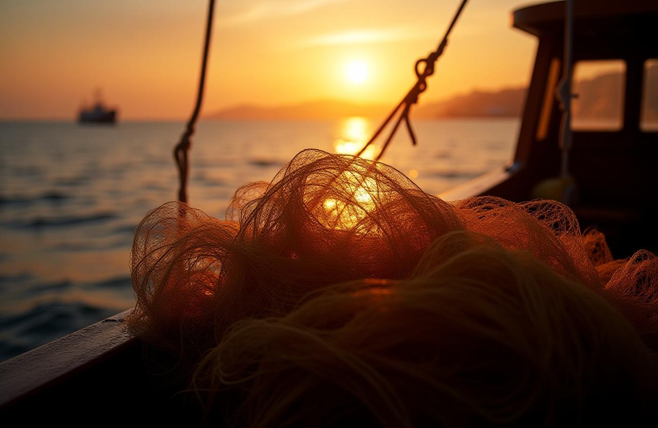 Red de pesca de HiloBrumo en un barco al amanecer en la Ría de Vigo
